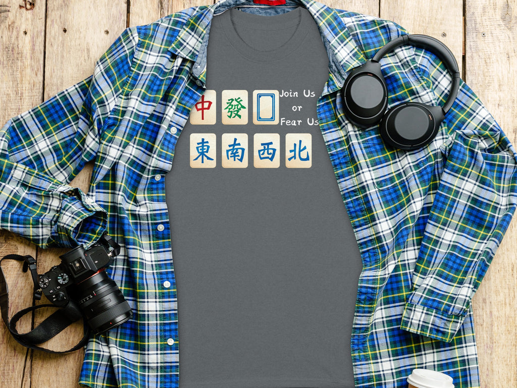 Gray t-shirt with Chinese characters and "Join Us or Fear Us" text.