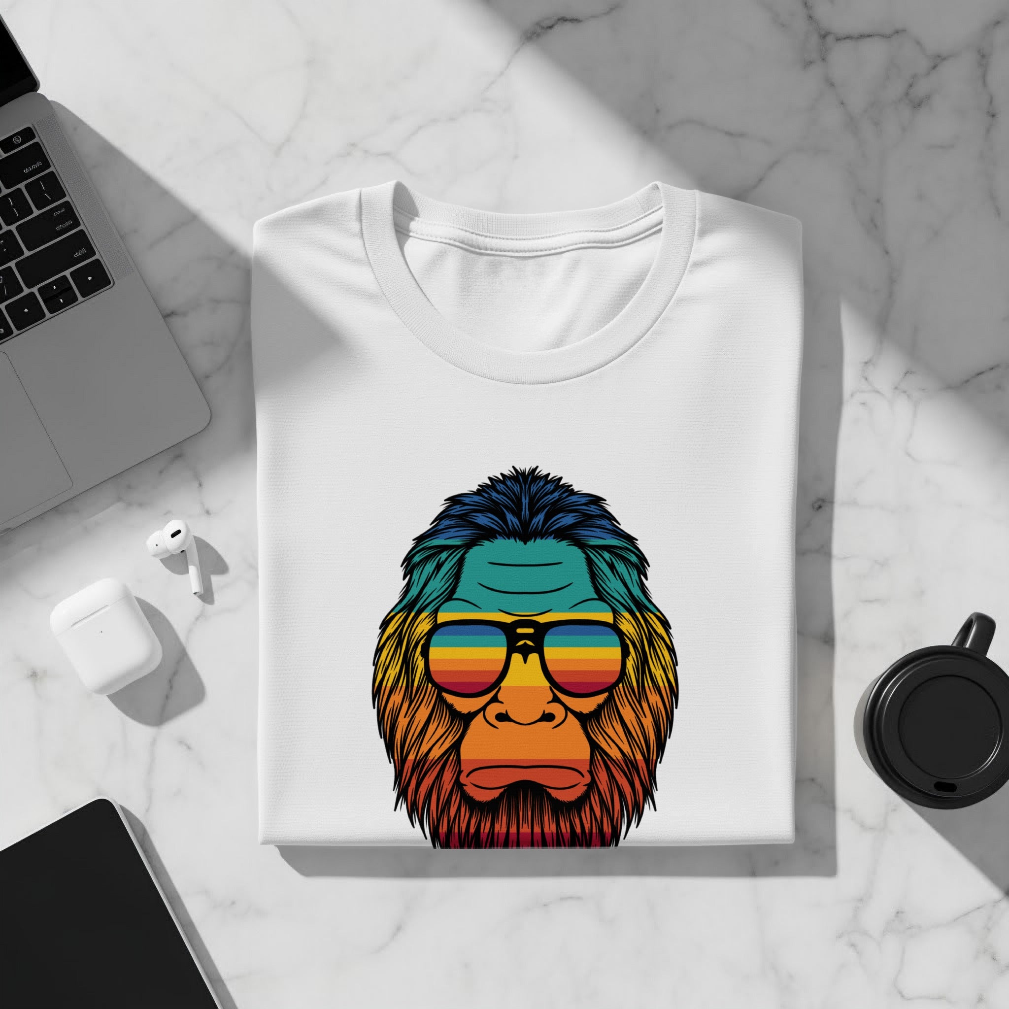White t-shirt with a colorful bearded ape wearing retro sunglasses design.
