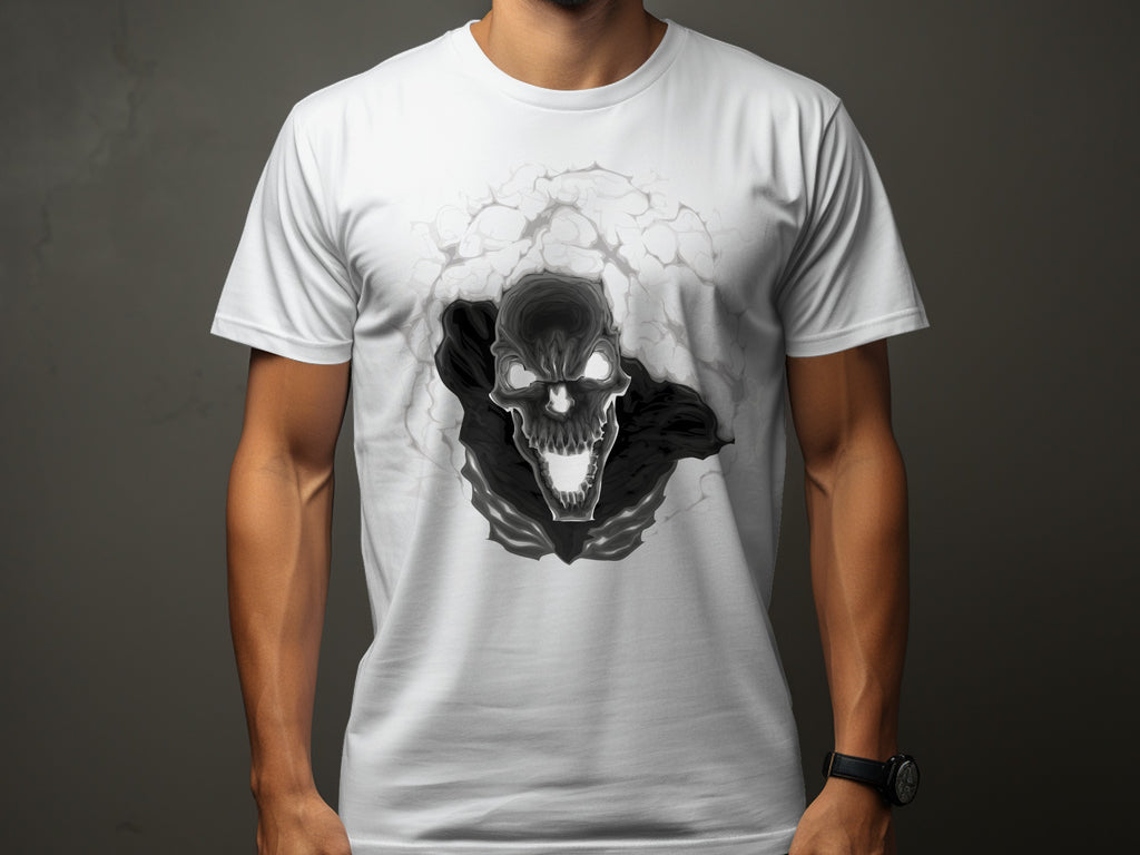 White t-shirt with a black, glowing skull emerging from cracking ice.