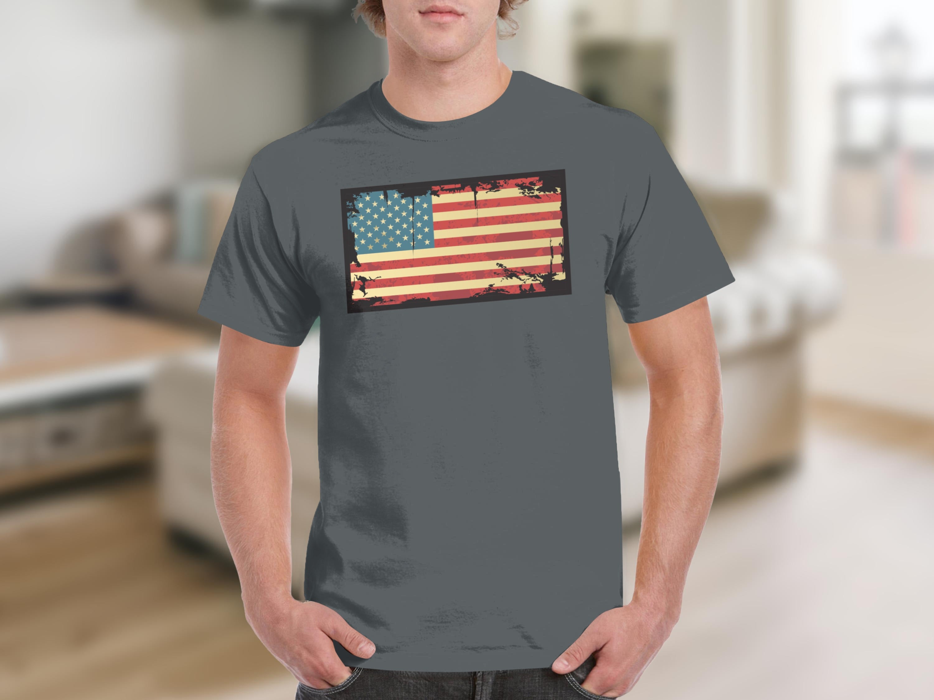 Gray t-shirt with faded distressed US flag graphic on the chest.