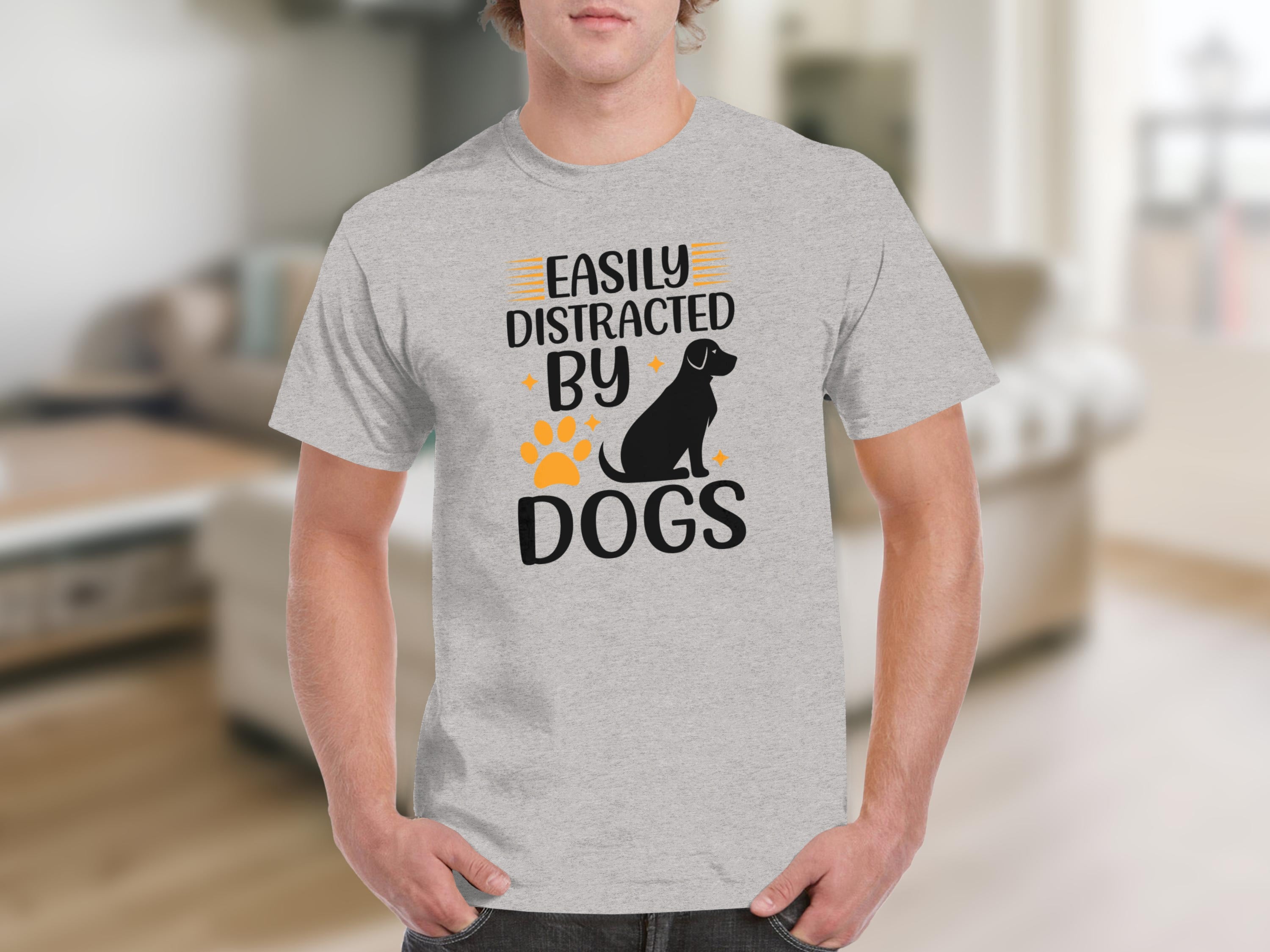 Grey t-shirt with "Easily Distracted By Dogs" text and dog silhouette.
