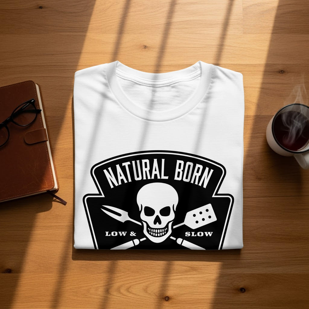 White t-shirt with black "NATURAL BORN LOW & SLOW" skull and grill utensil graphic.