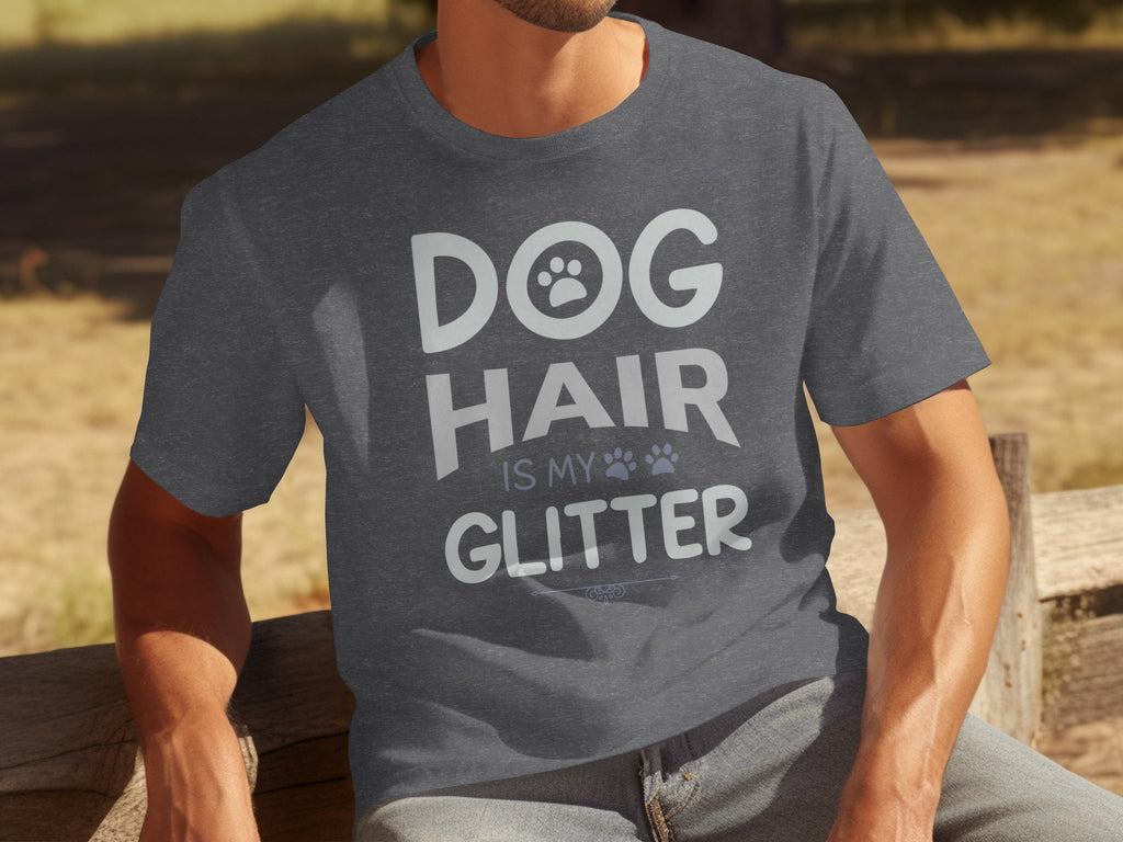 Grey t-shirt with text "DOG HAIR IS MY GLITTER" and paw prints.