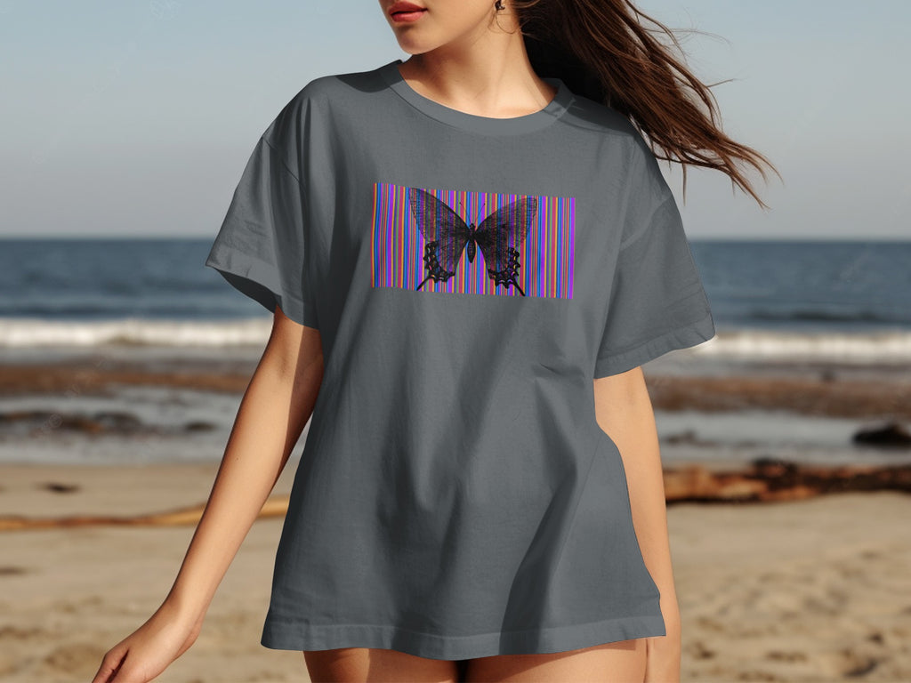 Gray t-shirt with black butterfly on colorful striped background