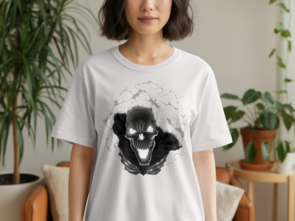 White t-shirt with a black and white graphic of a skull emerging from smoke.