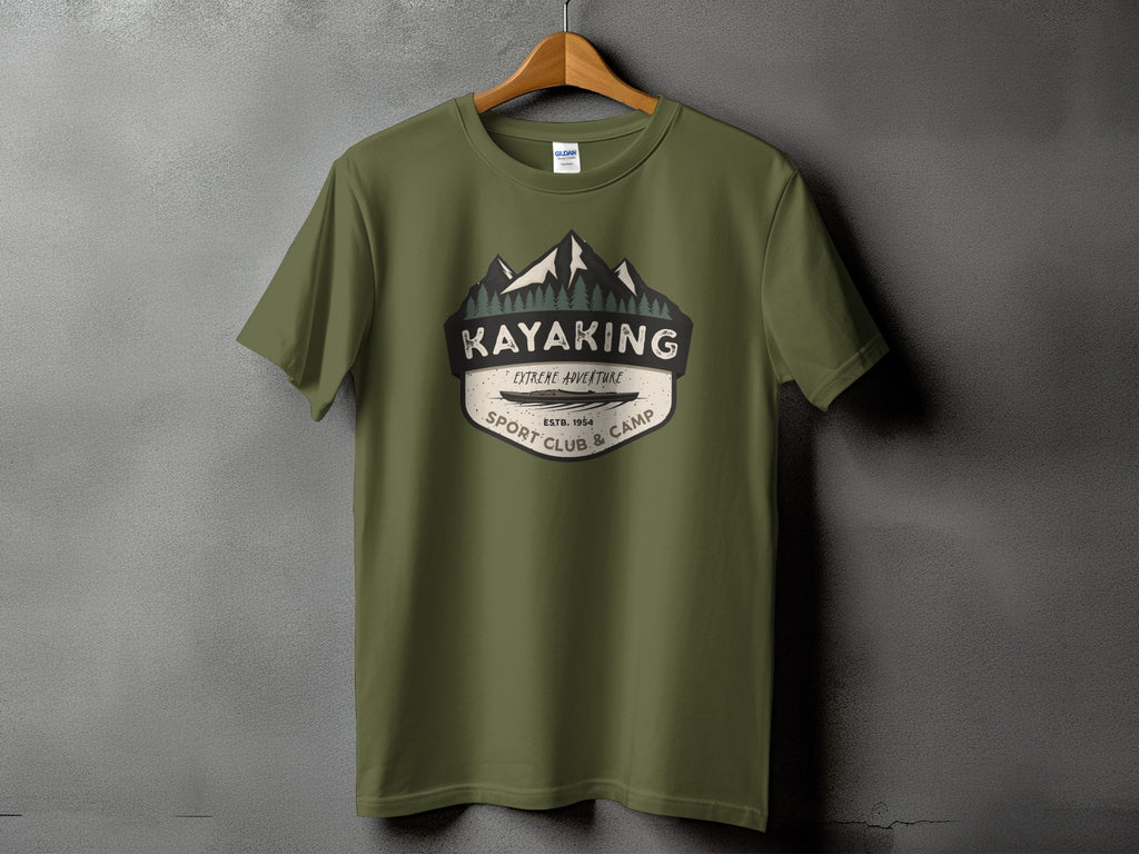 Green t-shirt with "Kayaking Extreme Adventure Sport Club & Camp ESTB. 1954" graphic.