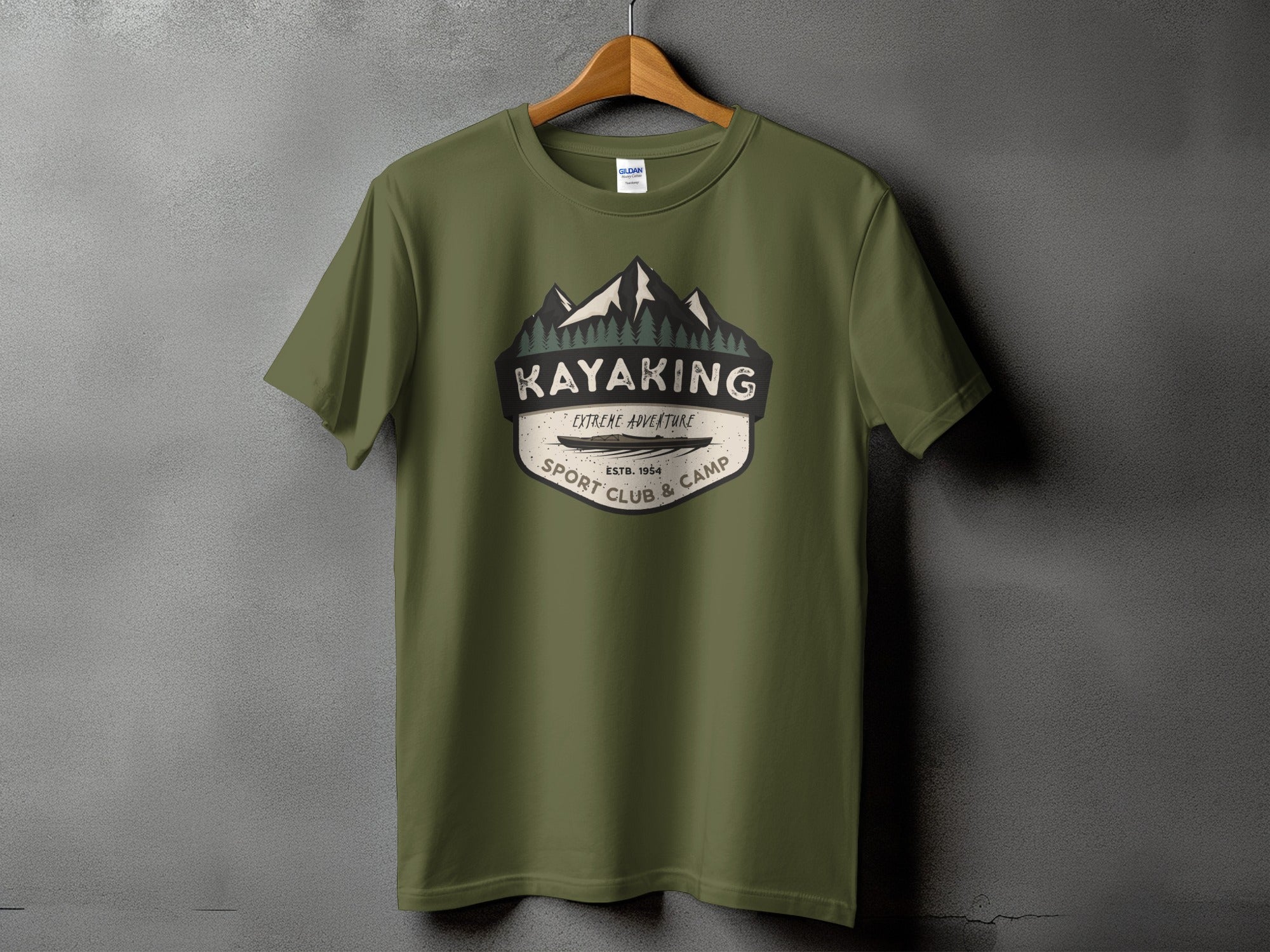 Green t-shirt with "Kayaking Extreme Adventure Sport Club & Camp ESTB. 1954" graphic.