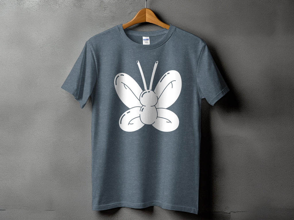 Grey t-shirt with a white outline drawing of a cartoon butterfly.