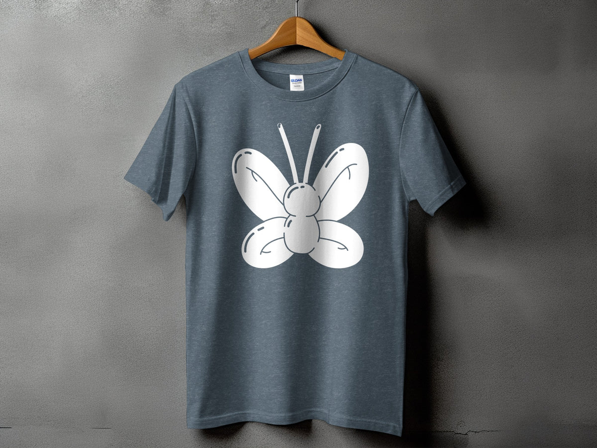 Grey t-shirt with a white outline drawing of a cartoon butterfly.