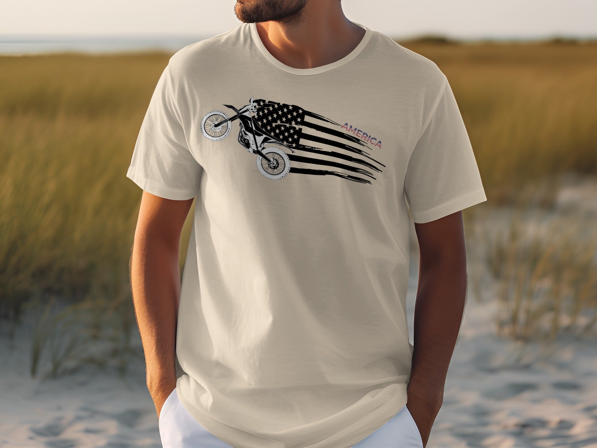 Light t-shirt with grunge motorcycle graphic and "AMERICA" text.