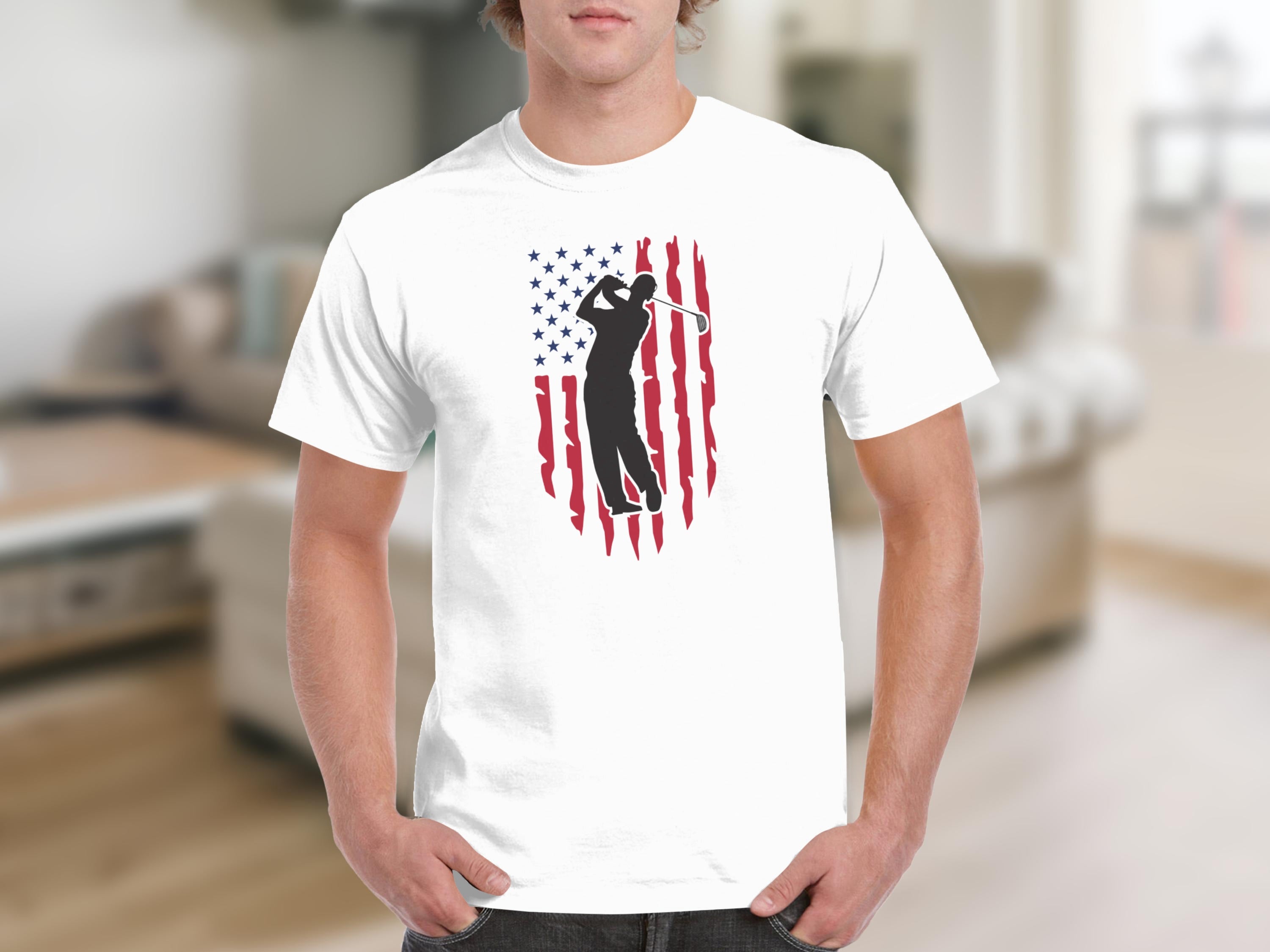 Silhouette of golfer mid-swing against distressed American flag graphic on white t-shirt.