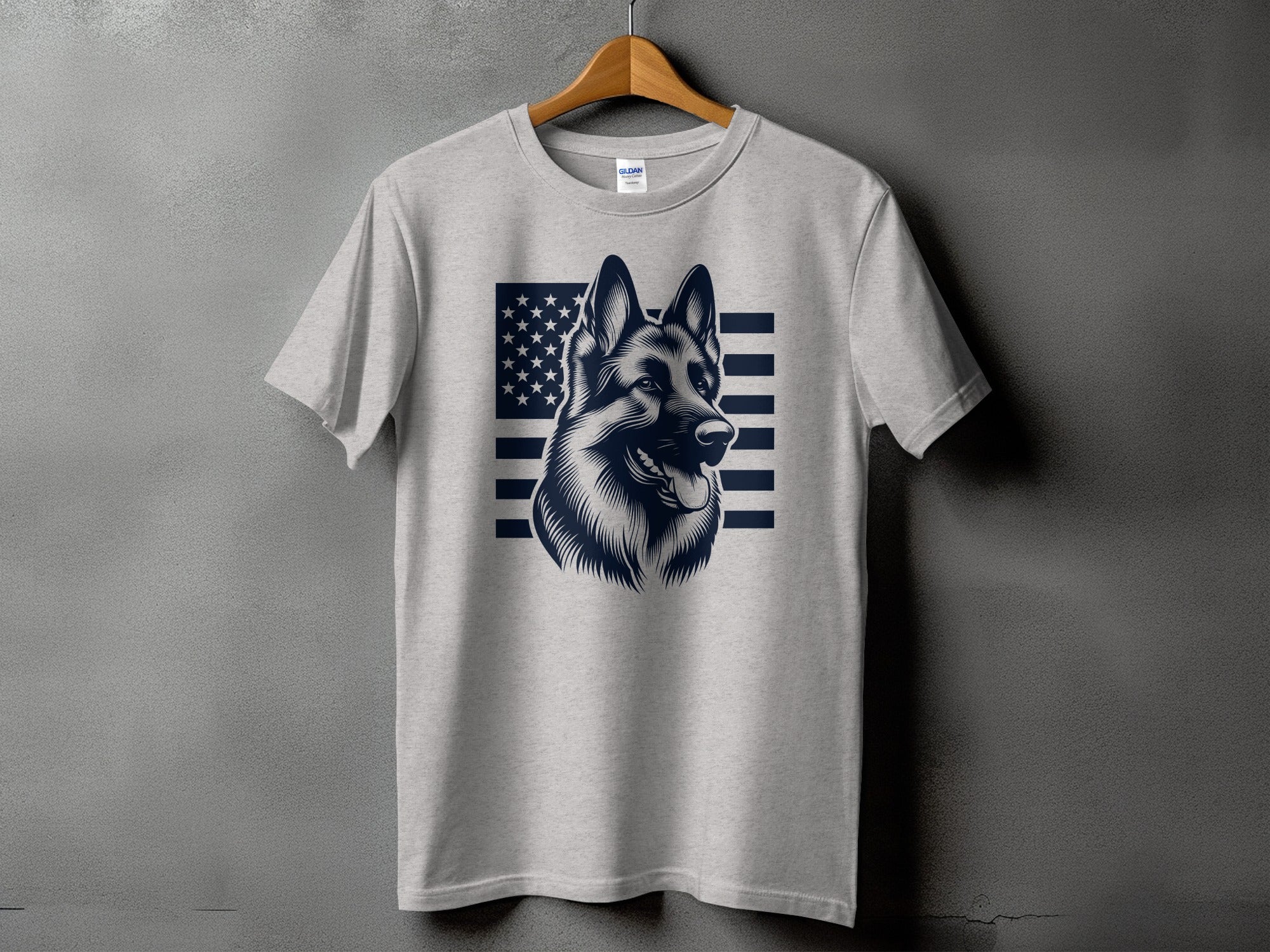 Gray t-shirt with German Shepherd head and American flag graphic