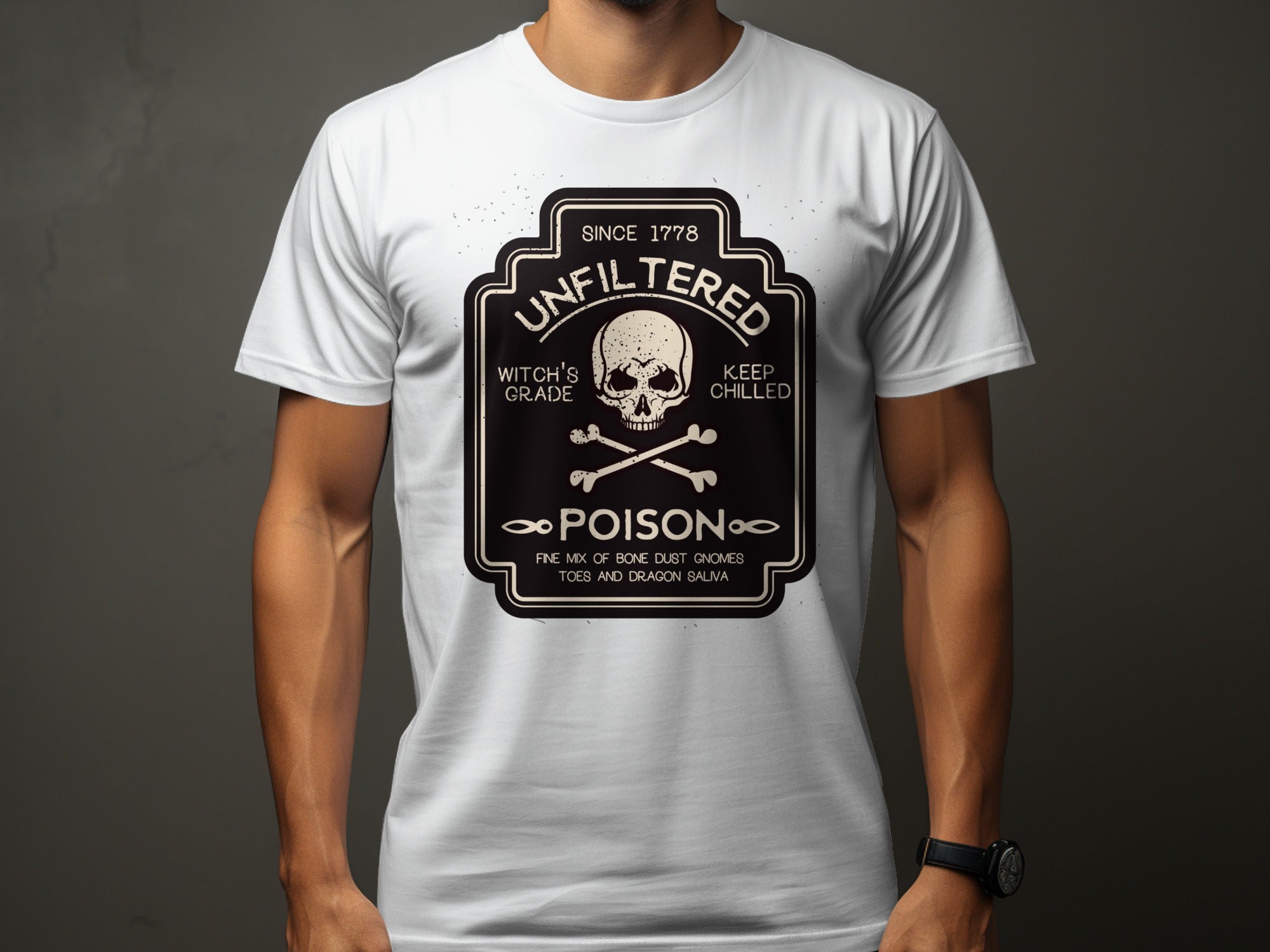 White t-shirt with a black label featuring "UNFILTERED" skull, crossbones, and "POISON".