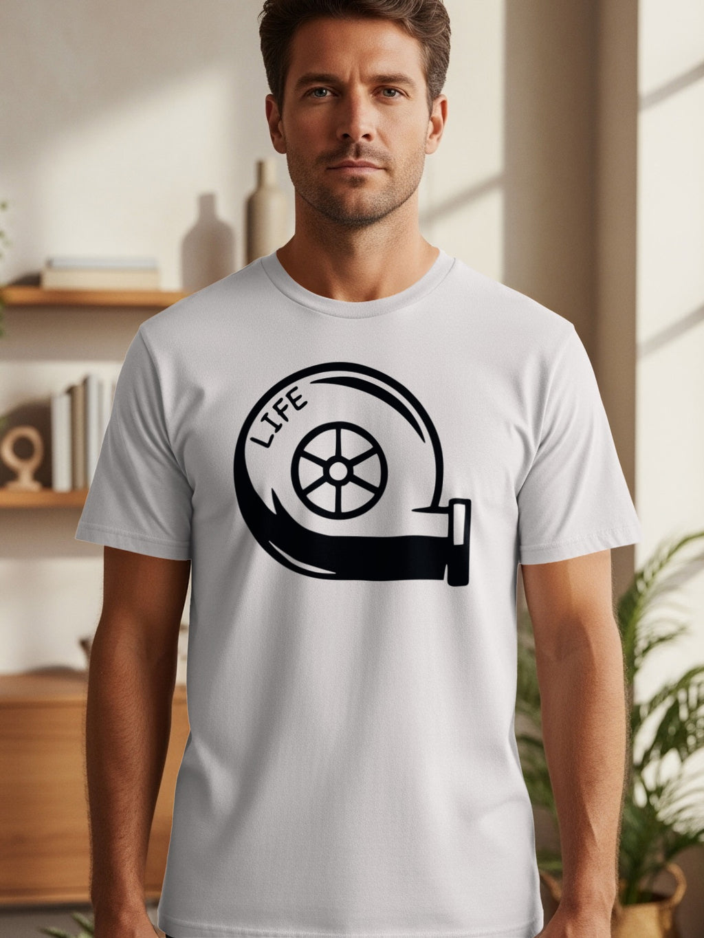 White t-shirt with a black graphic of a turbocharger and the word "LIFE".