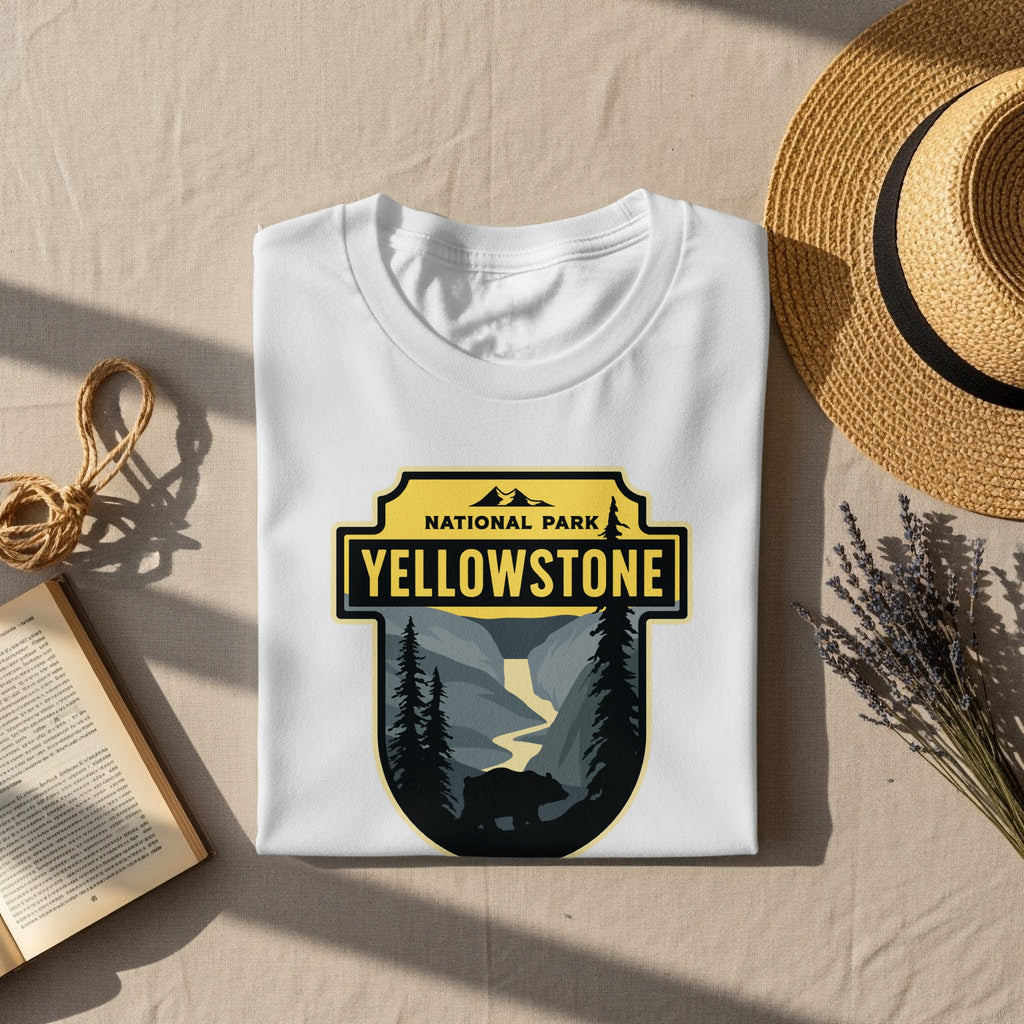 White t-shirt with Yellowstone National Park bear and landscape graphic.