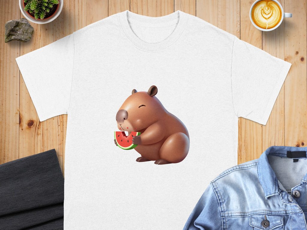 Cartoon capybara eating watermelon on a white t-shirt.