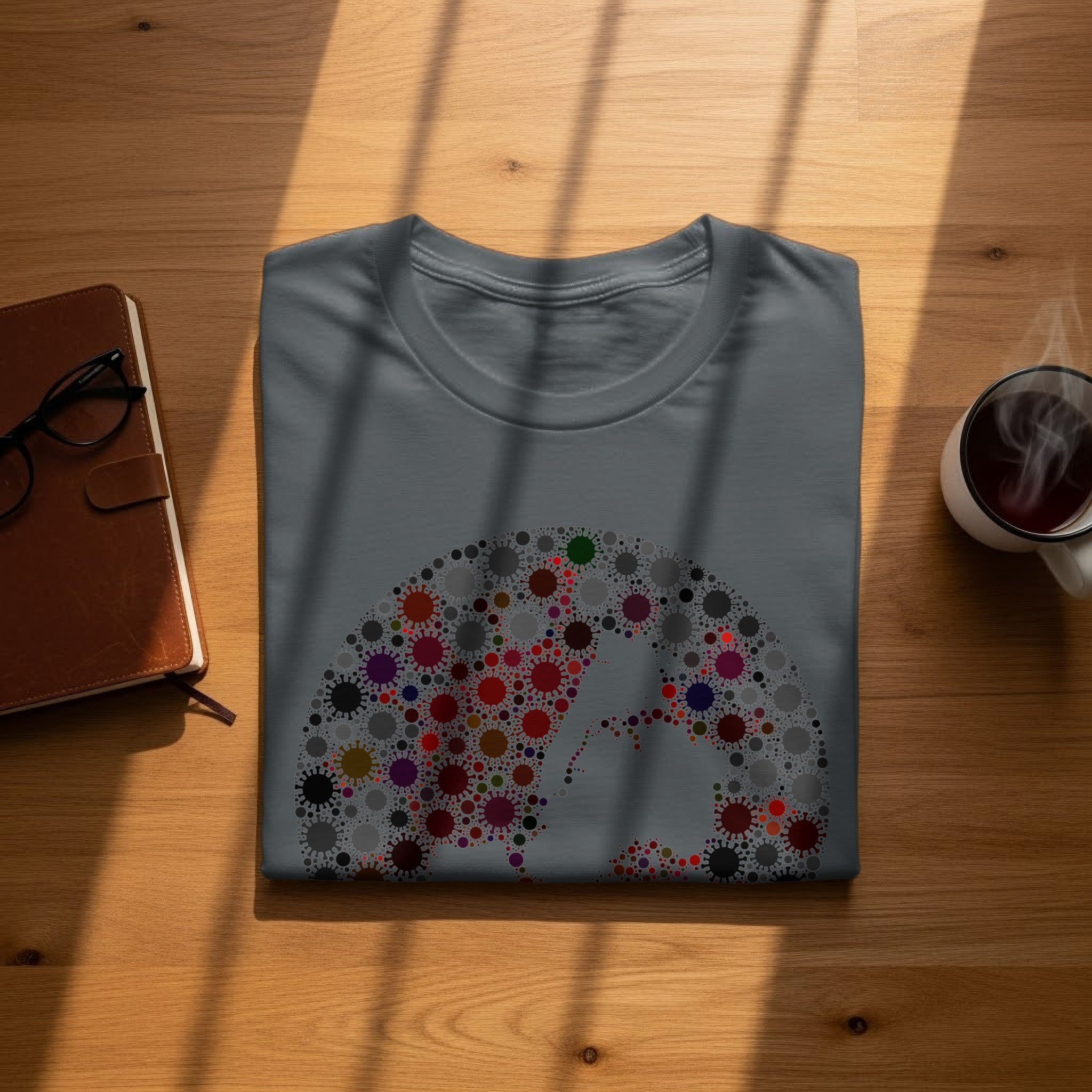 Gray t-shirt with a colorful abstract virus-like pattern forming a dome shape.