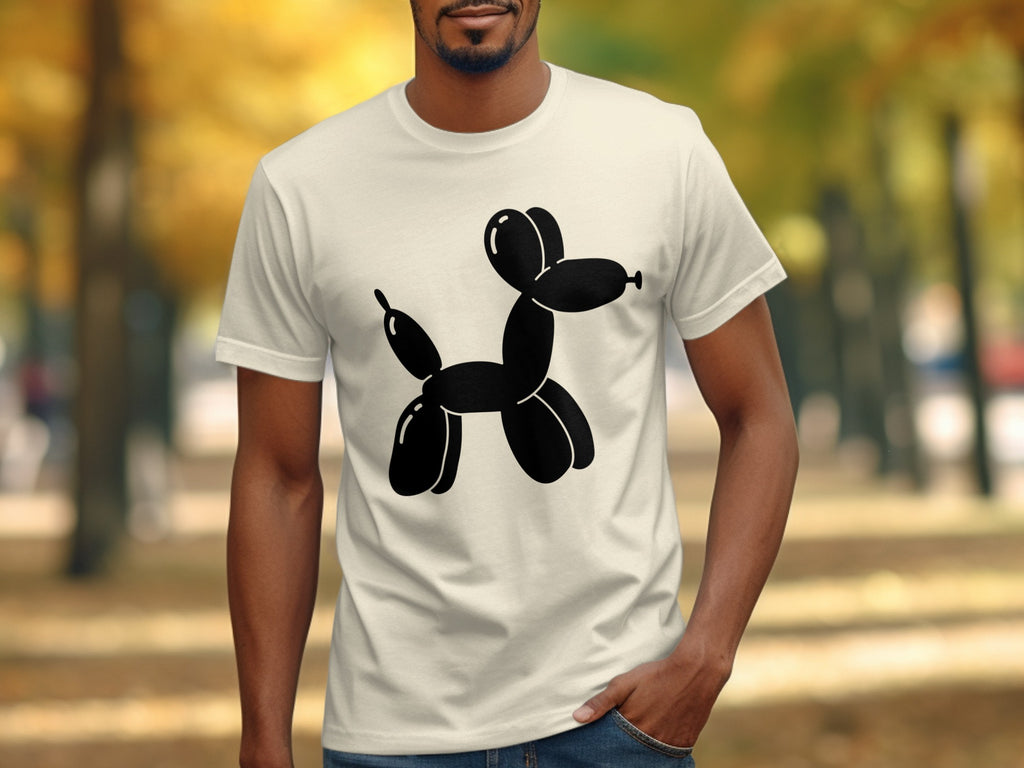 T-shirt with a black balloon dog graphic on a light background.