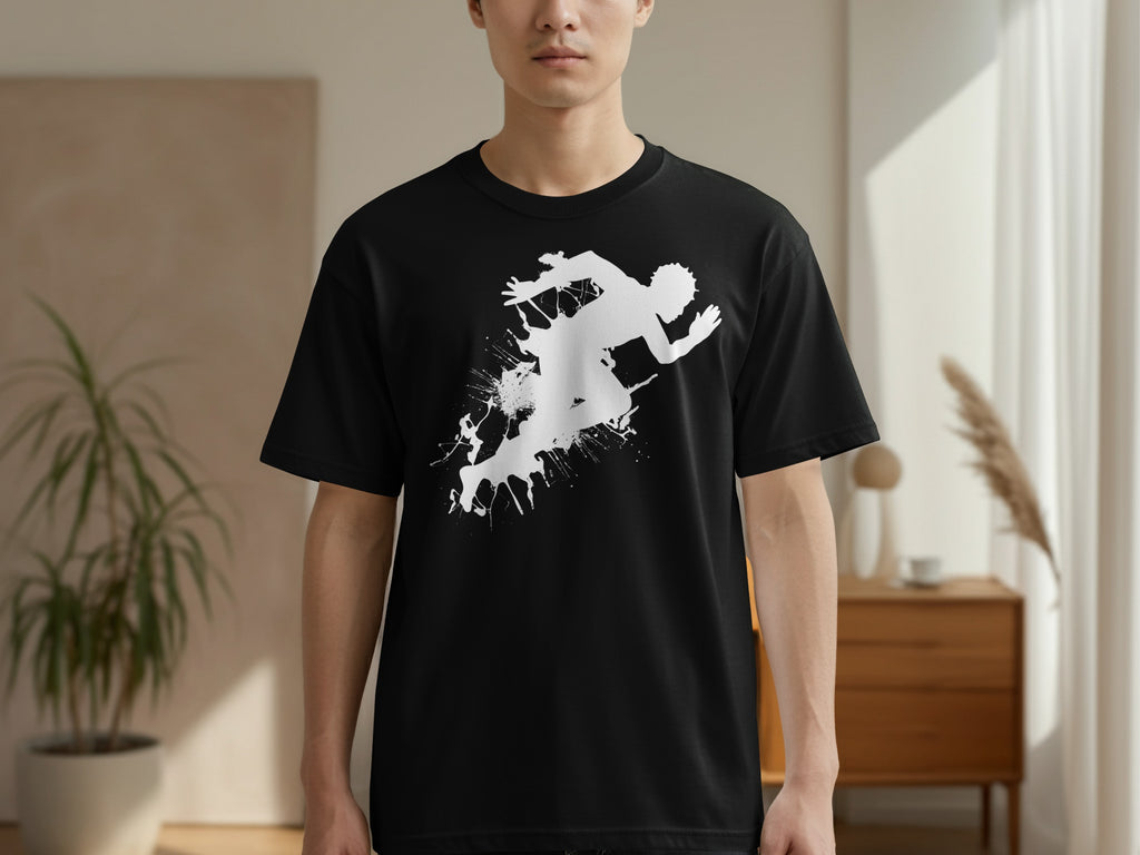 Black t-shirt with a white splatter graphic of a runner in motion.