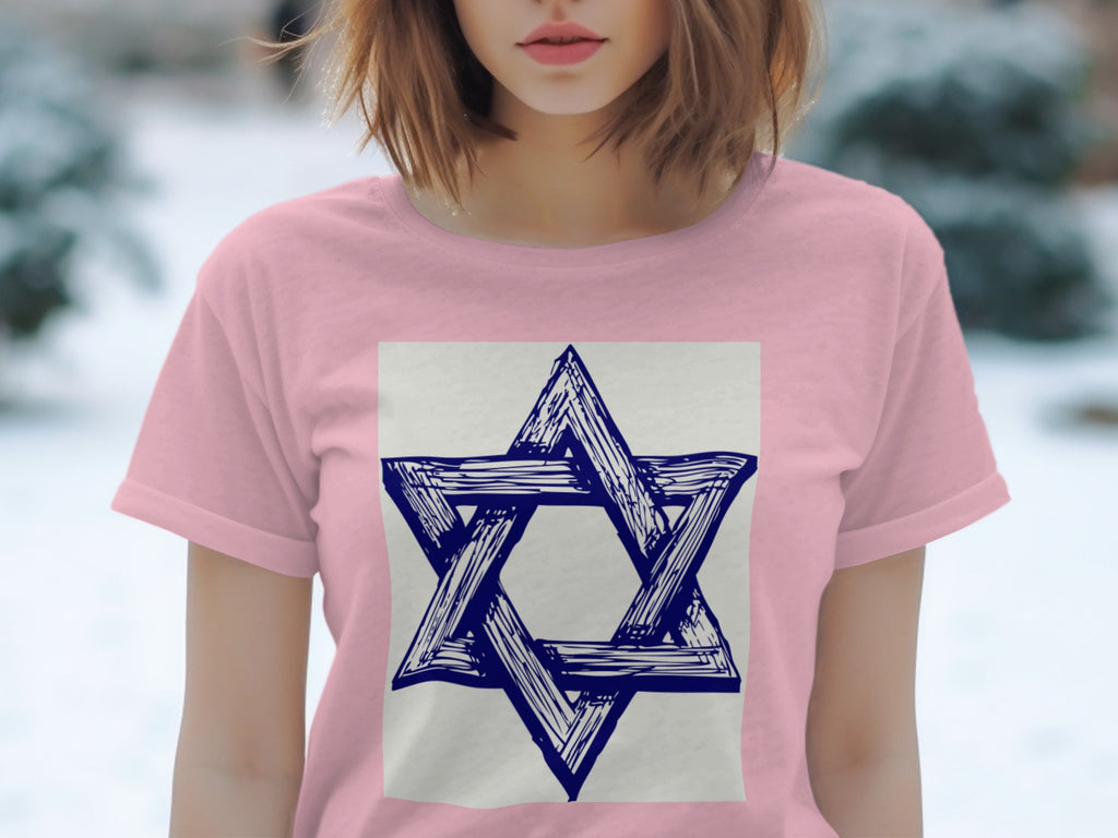Pink t-shirt with a dark blue sketched Star of David design.