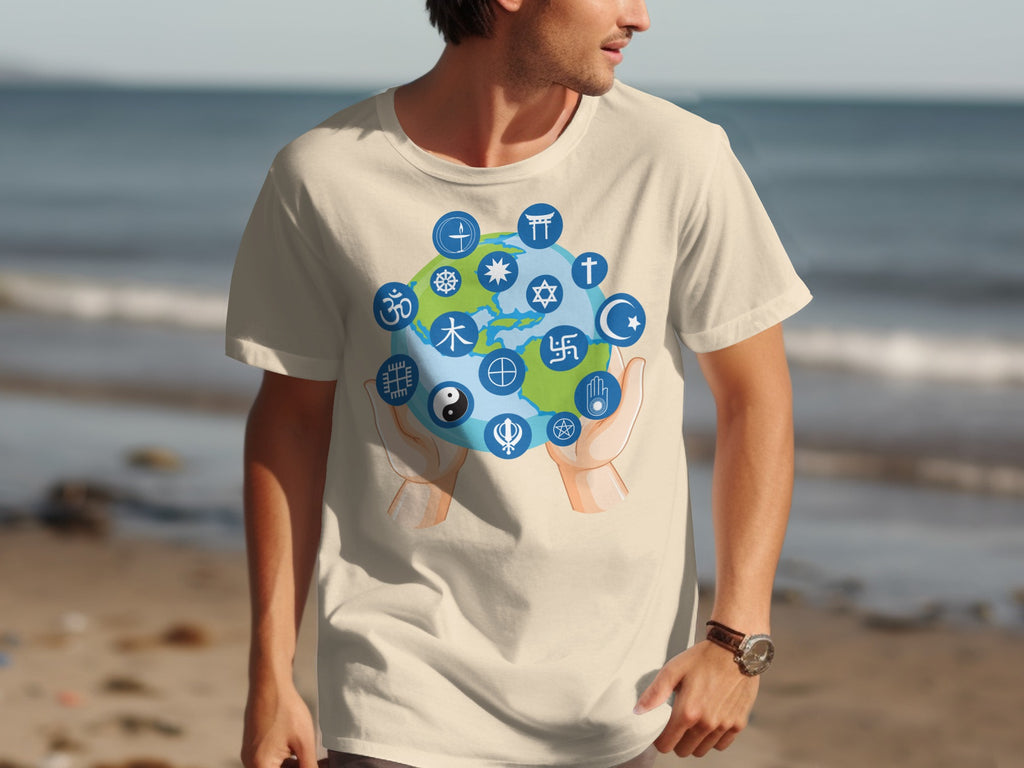Cream t-shirt with earth and various religious symbols held by hands.