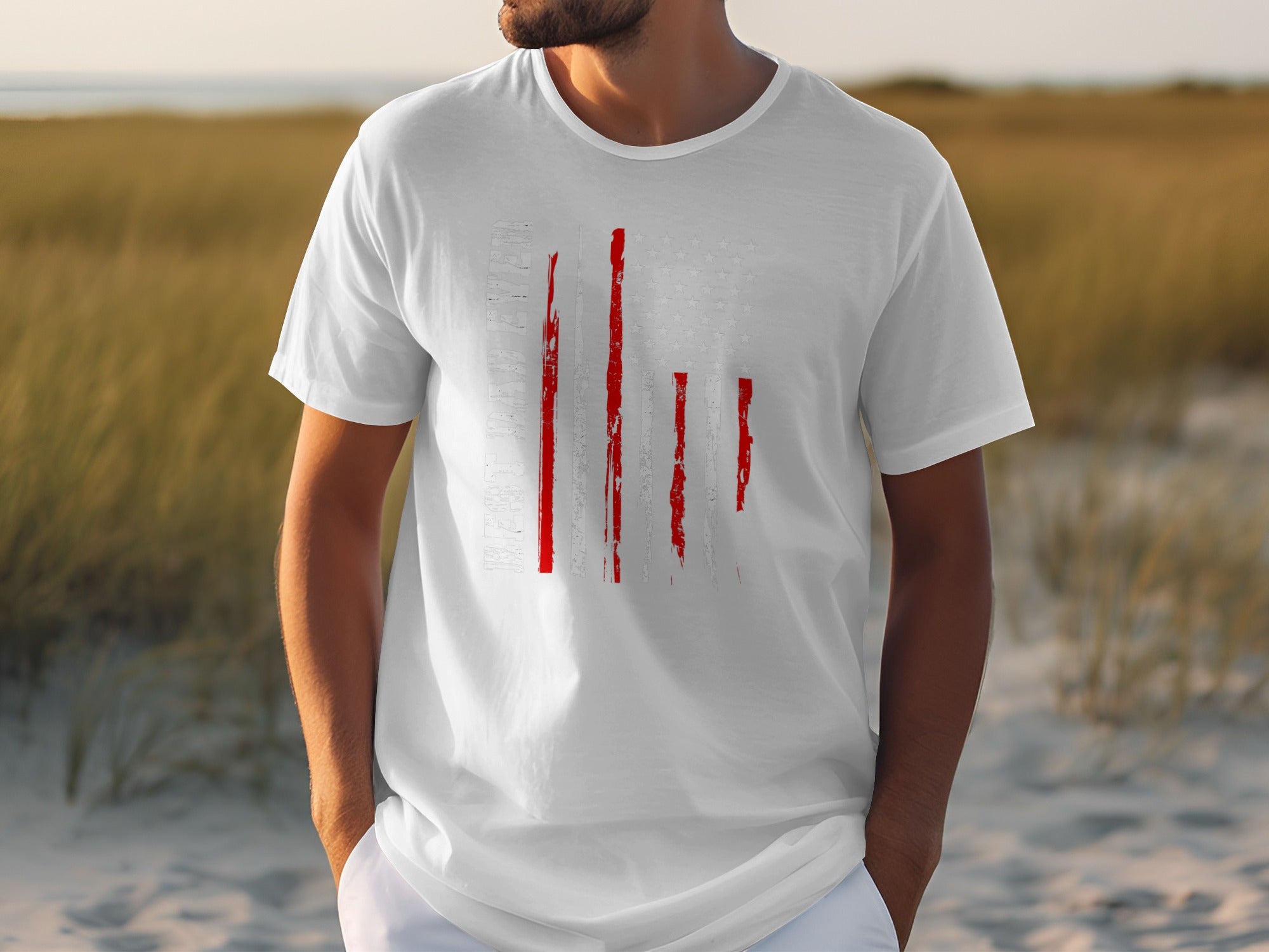 White t-shirt with distressed American flag graphic on chest