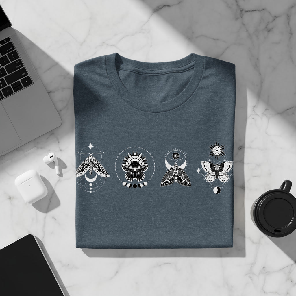 Dark blue t-shirt with a white celestial moth design on the front.