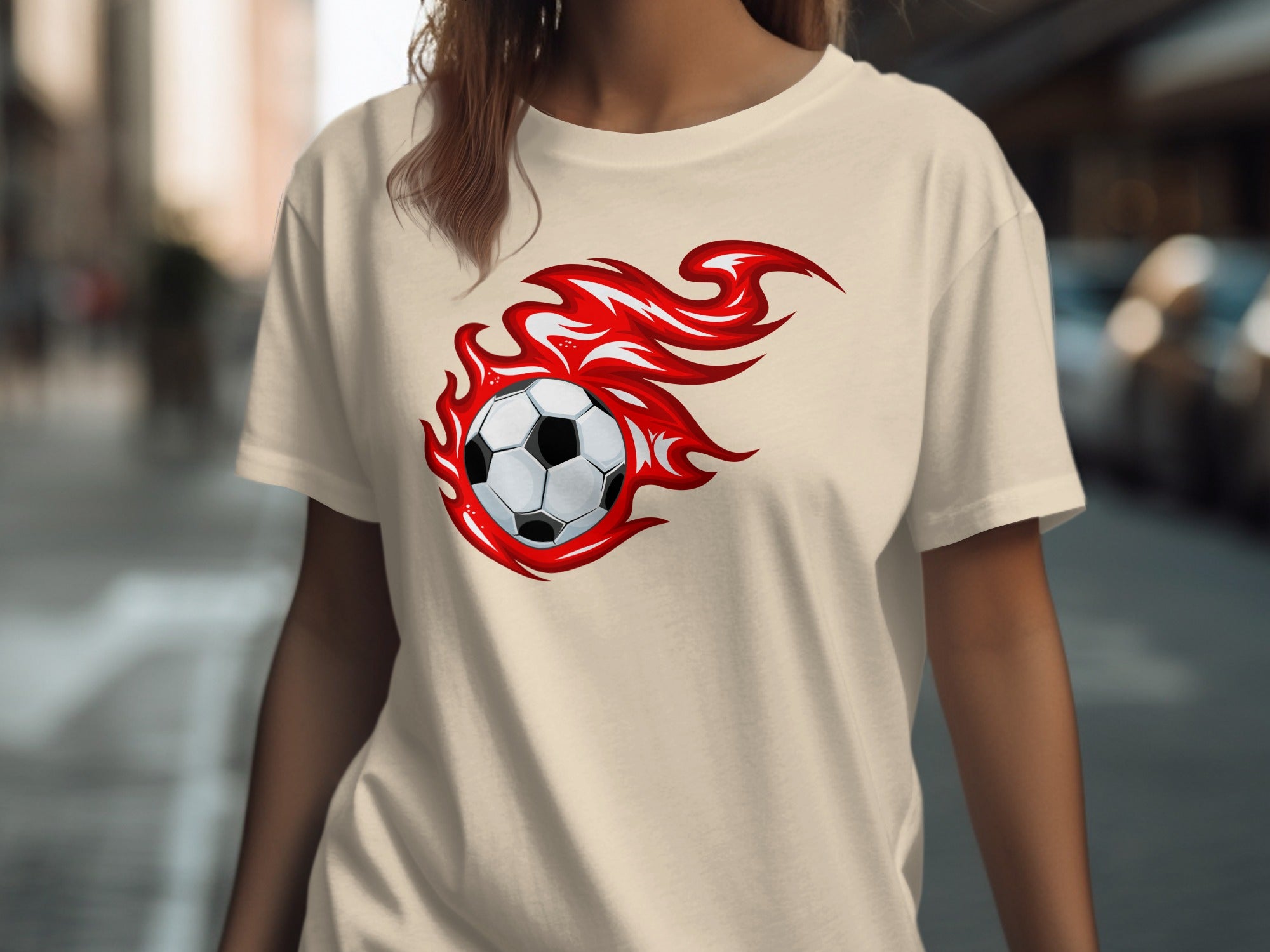 T-shirt with flaming soccer ball graphic