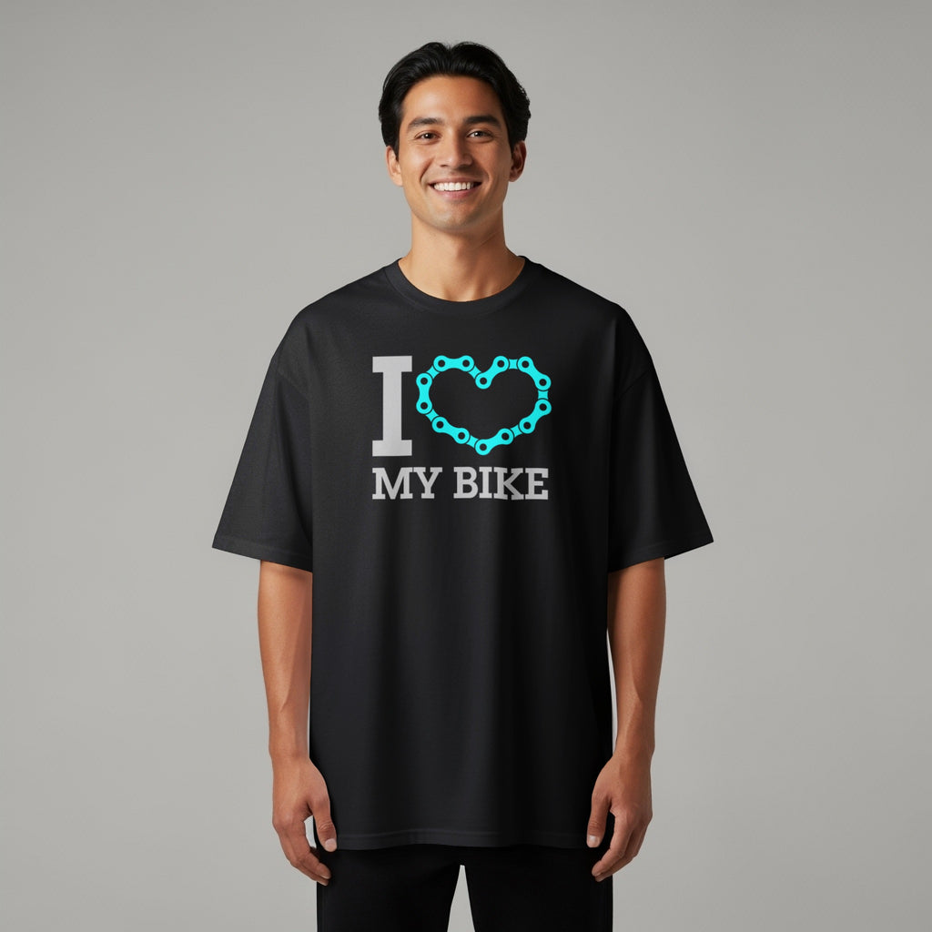 Black t-shirt with gray "I" and turquoise bike chain heart, saying "MY BIKE".