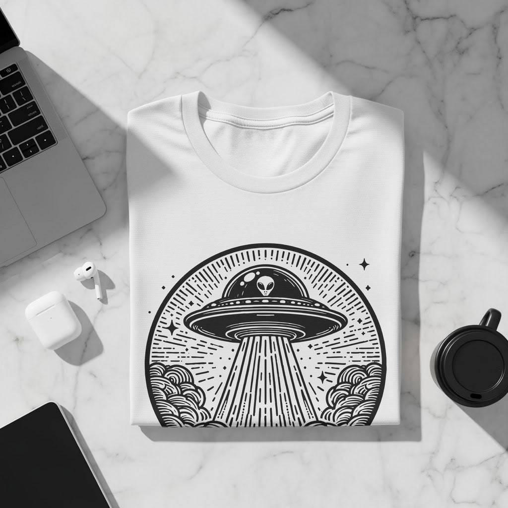 White t-shirt with a black line art graphic of a UFO beaming an alien.