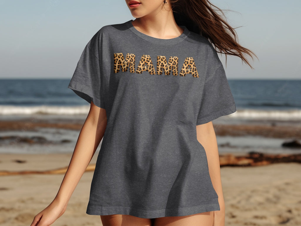 Dark grey t-shirt with "MAMA" in leopard print letters on chest