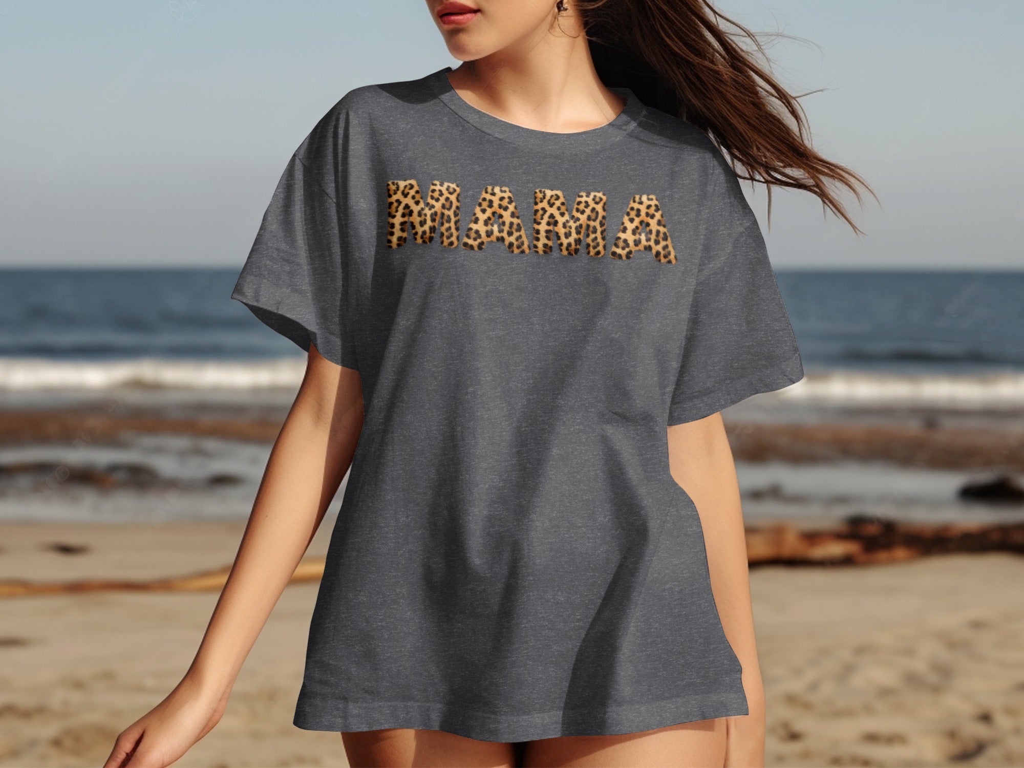 Dark grey t-shirt with "MAMA" in leopard print letters on chest