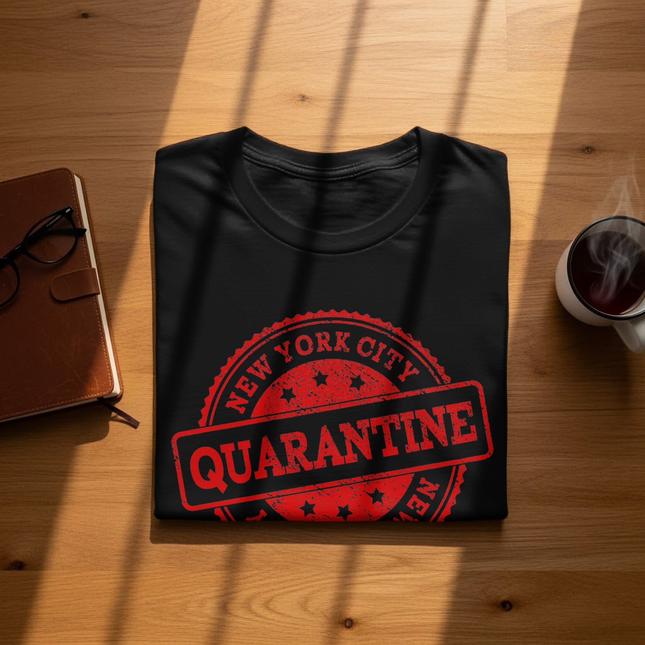 Black t-shirt with red 'New York City Quarantine' stamp graphic.