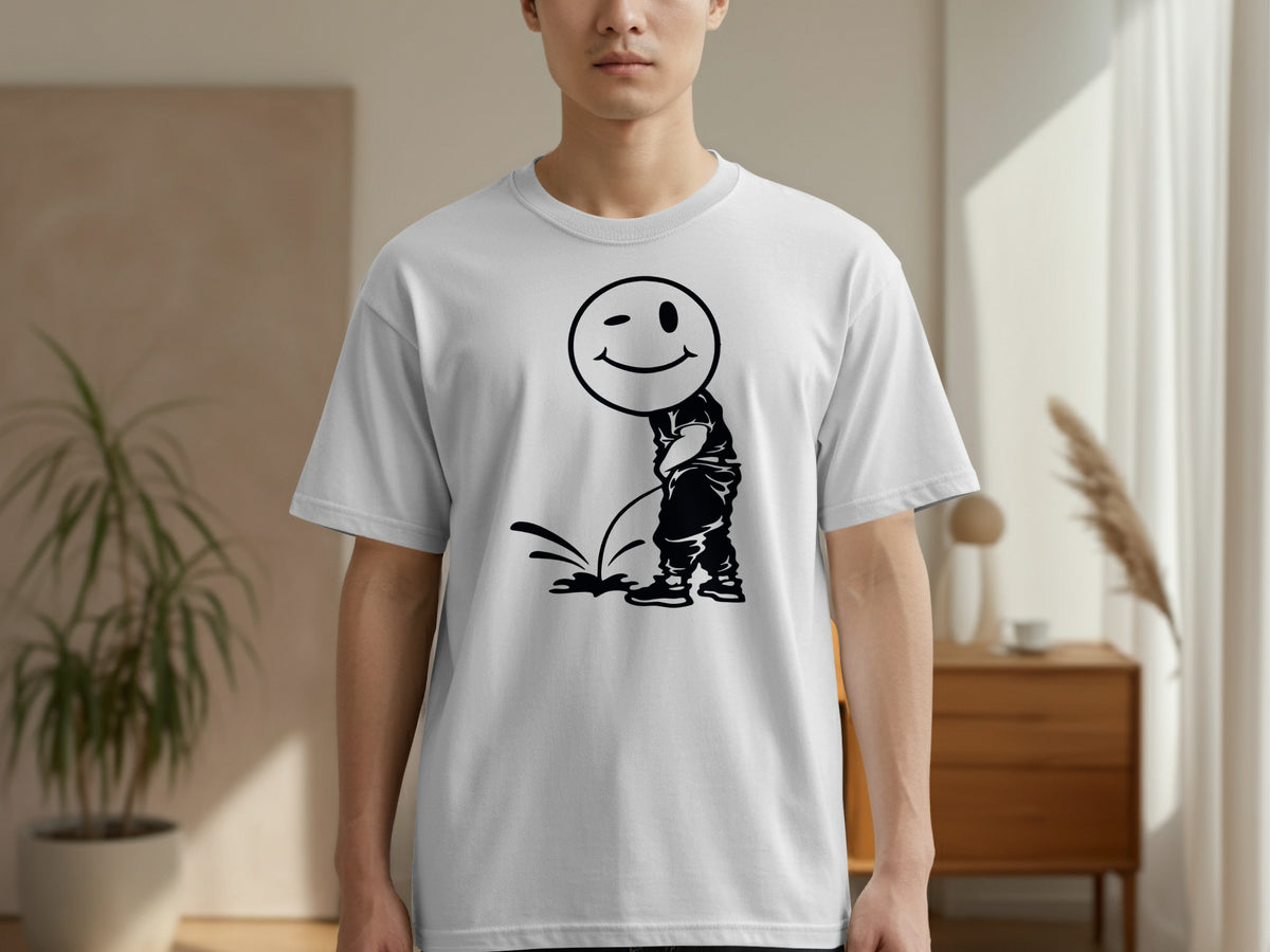 White t-shirt with a black graphic of a smiling, winking smiley face over a peeing figure.