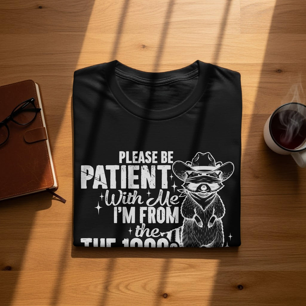 Black t-shirt with raccoon wearing cowboy hat and text "Please be Patient With Me I'm From the 1000's".