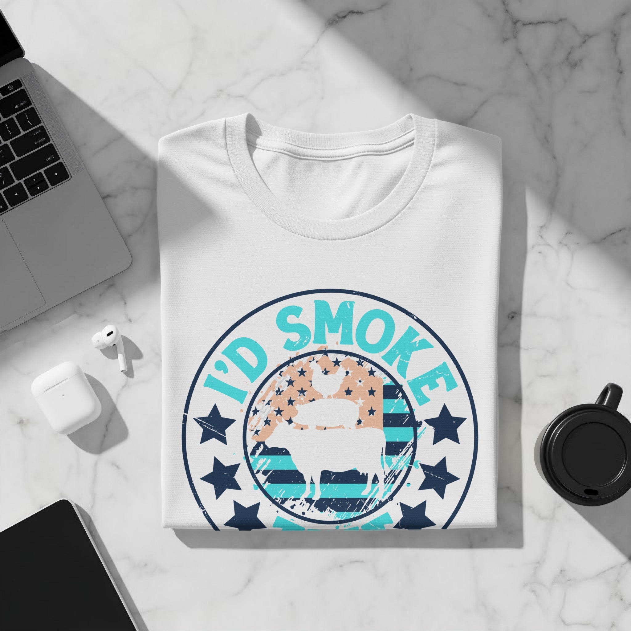 White t-shirt with "I'd Smoke 'Em" text and silhouette of a cow and chicken.