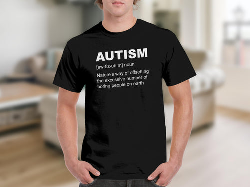 Black t-shirt with "AUTISM" and its definition printed in white text.