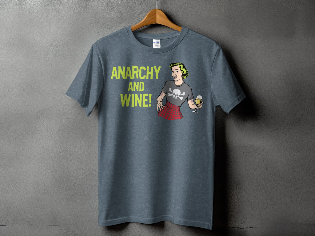 Dark grey t-shirt with "Anarchy and Wine!" text and a woman graphic.
