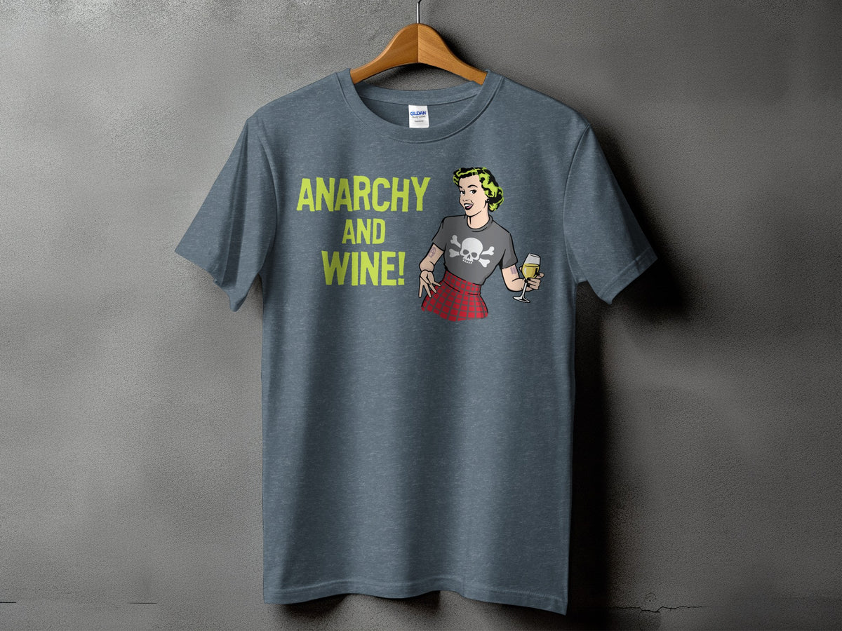 Dark grey t-shirt with "Anarchy and Wine!" text and a woman graphic.