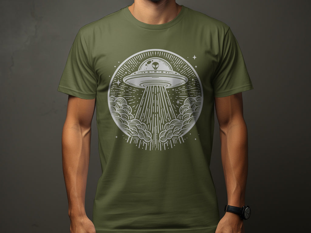 Olive green t-shirt with a white alien abduction design on the front.