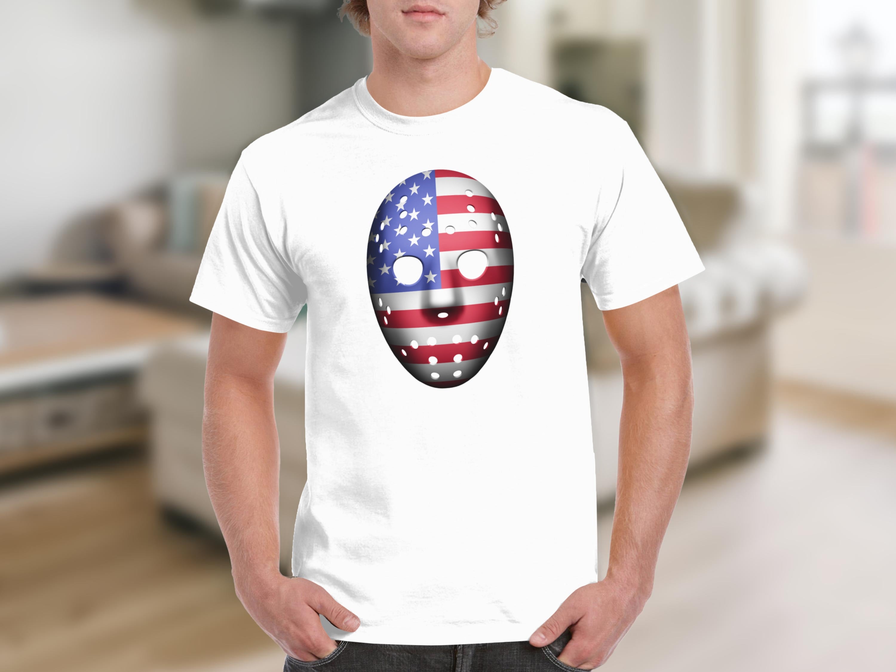 T-shirt with an American flag hockey mask design.