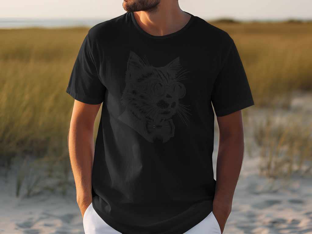 Black t-shirt with a dark grey steampunk cat graphic on the front.