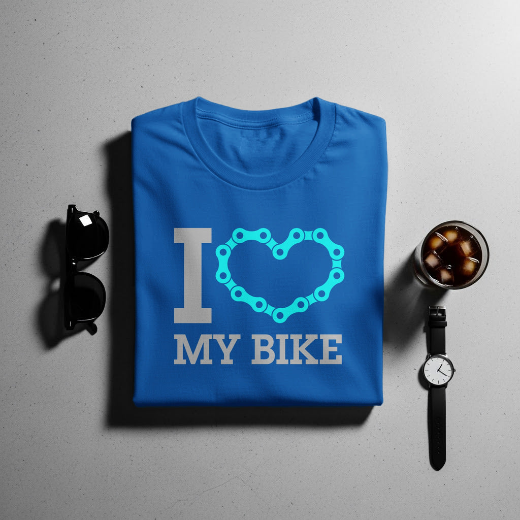 Blue t-shirt with "I Heart My Bike" graphic featuring a chain heart.