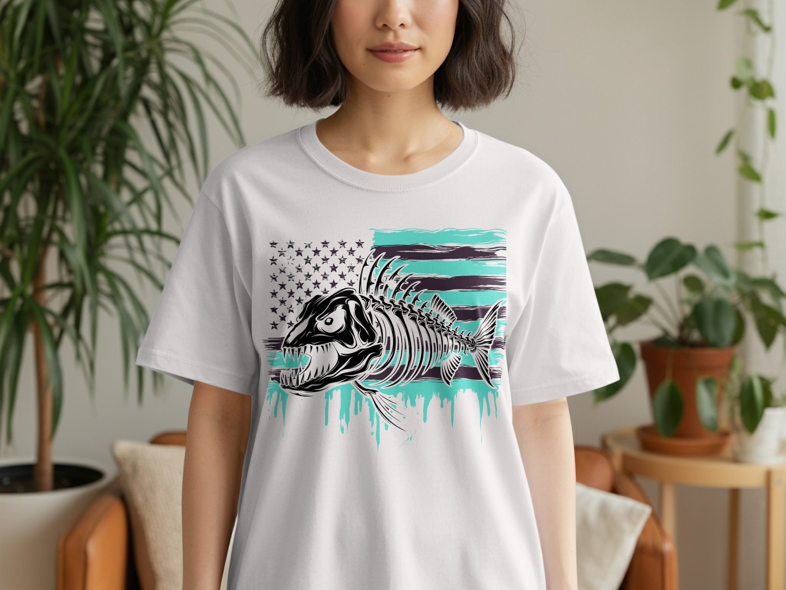 White t-shirt with a distressed American flag and a skeleton fish graphic.