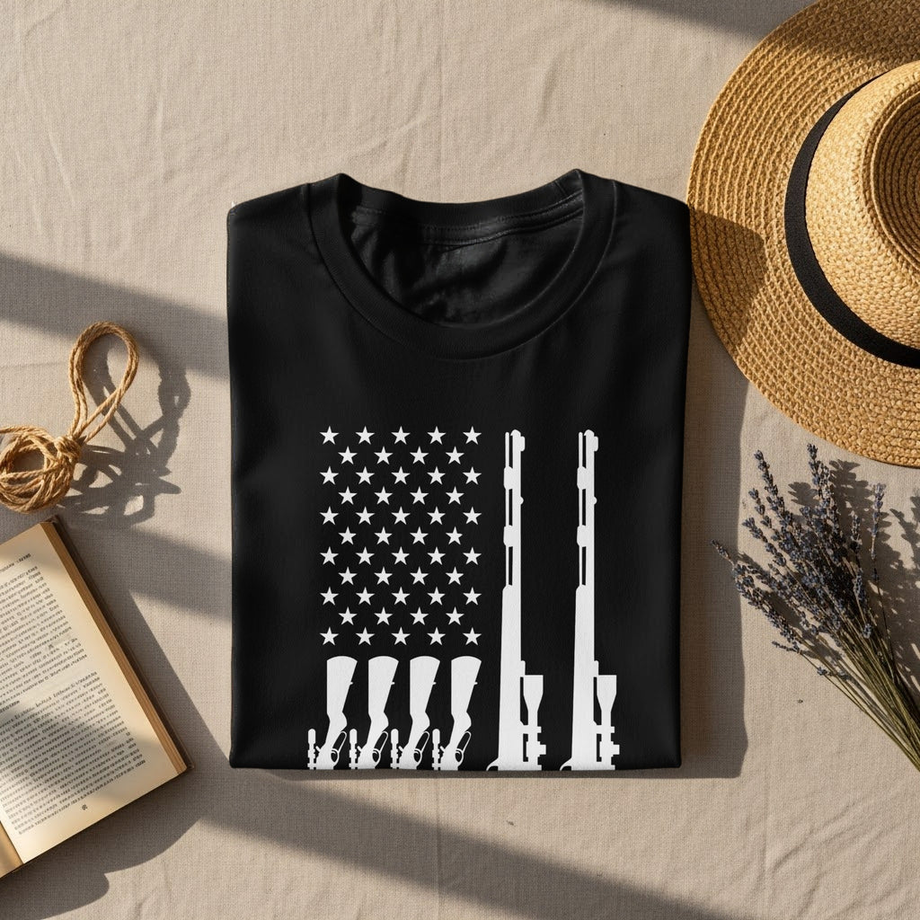 Black t-shirt with white American flag design featuring rifles and shotguns.