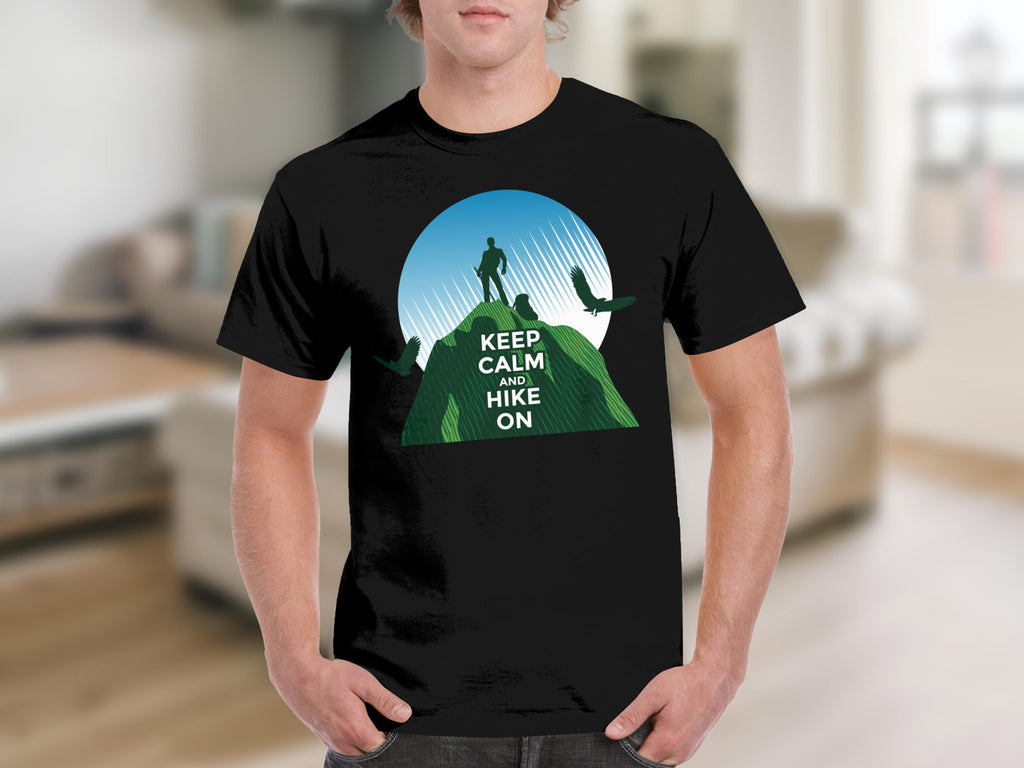 Black t-shirt with "Keep Calm and Hike On" text and mountain hiking graphic.