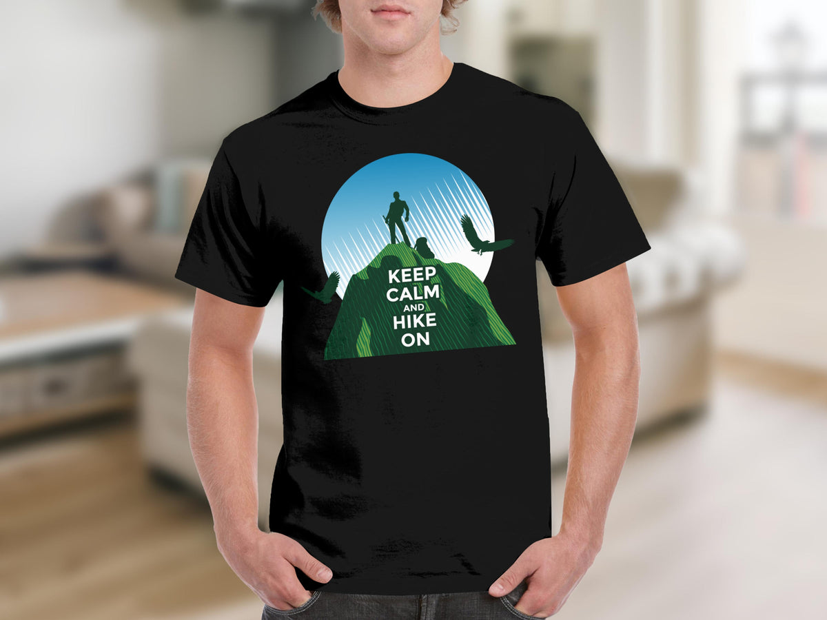 Black t-shirt with "Keep Calm and Hike On" text and mountain hiking graphic.