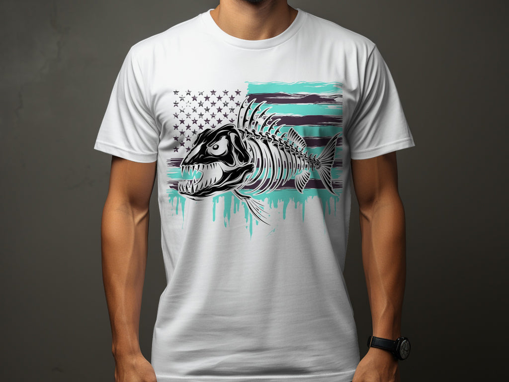 White t-shirt with a distressed American flag and fish skeleton graphic.