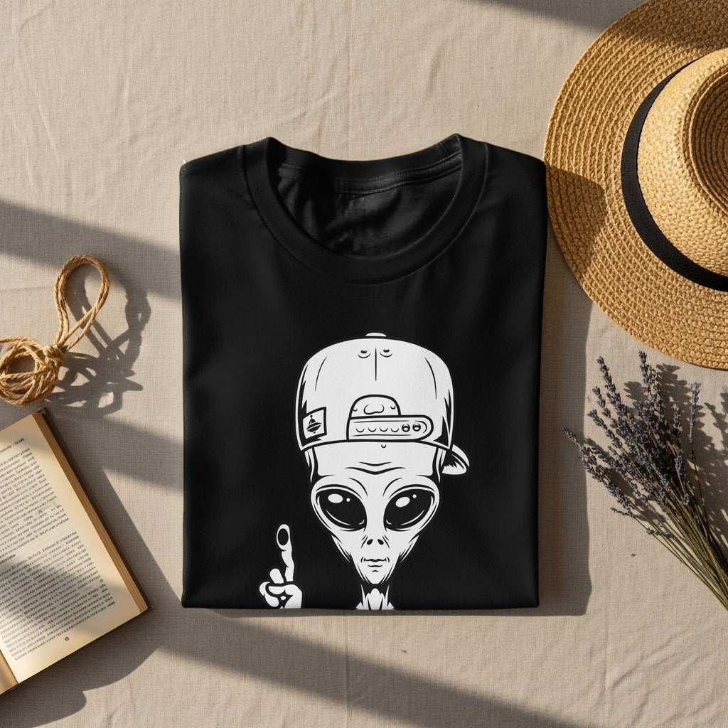 Black t-shirt with white alien wearing a baseball cap, giving peace sign.
