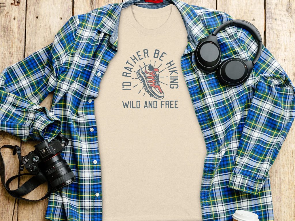 Beige t-shirt with hiking graphic "I'd rather be hiking wild and free"